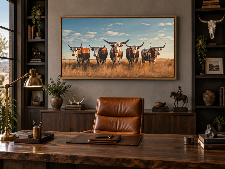 Framed canvas wall art of a Texas Longhorn herd in a sunlit field, hung in a rustic home office.