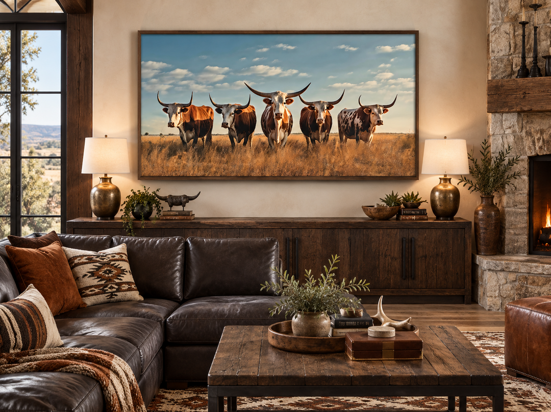 Framed canvas wall art of a Texas Longhorn herd in a field, hung above a rustic wooden sideboard.