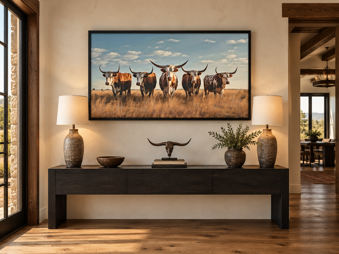 Framed canvas wall art of five Texas Longhorns in a sunlit field above a dark wood console table.