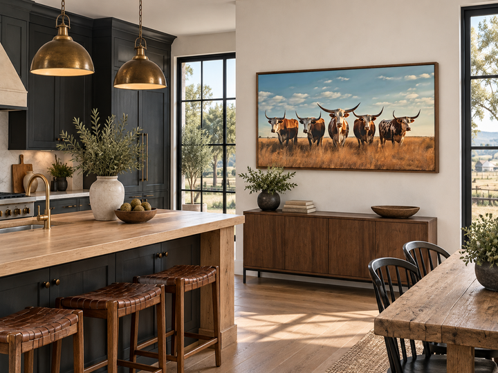 Framed canvas wall art of a Texas Longhorn herd in a sunlit field above a wooden sideboard.