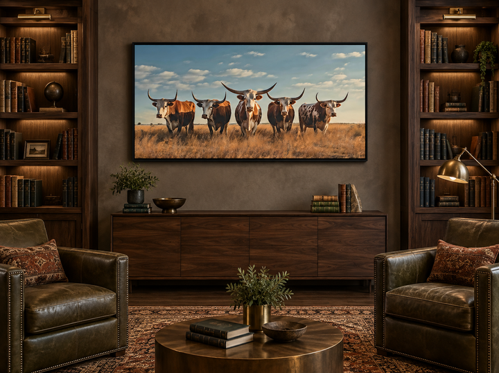 Framed canvas wall art of a Texas Longhorn herd in a field, hung above a wooden sideboard.