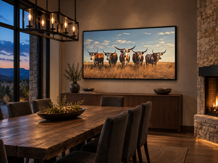 Framed canvas wall art of a Texas Longhorn herd in a field, hanging in a rustic dining room.