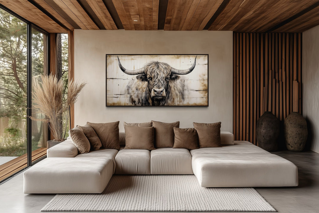 Highland Bull Painting On Wood Rustic Farmhouse Framed Canvas Wall Art
