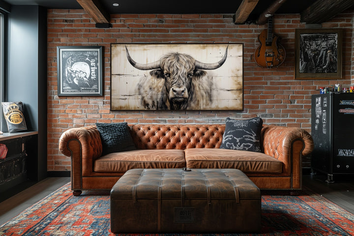 Highland Bull Painting On Wood Rustic Farmhouse Framed Canvas Wall Art
