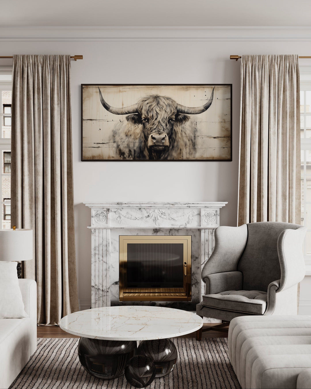 Highland Bull Painting On Wood Rustic Farmhouse Framed Canvas Wall Art