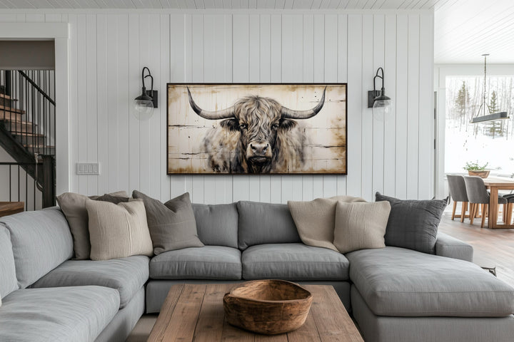 Highland Bull Painting On Wood Rustic Farmhouse Framed Canvas Wall Art
