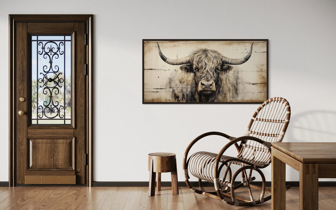 Highland Bull Painting On Wood Rustic Farmhouse Framed Canvas Wall Art