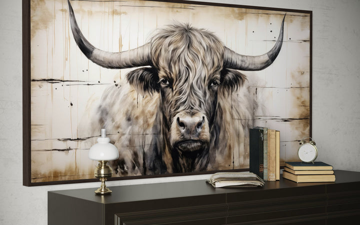 Highland Bull Painting On Wood Rustic Farmhouse Framed Canvas Wall Art