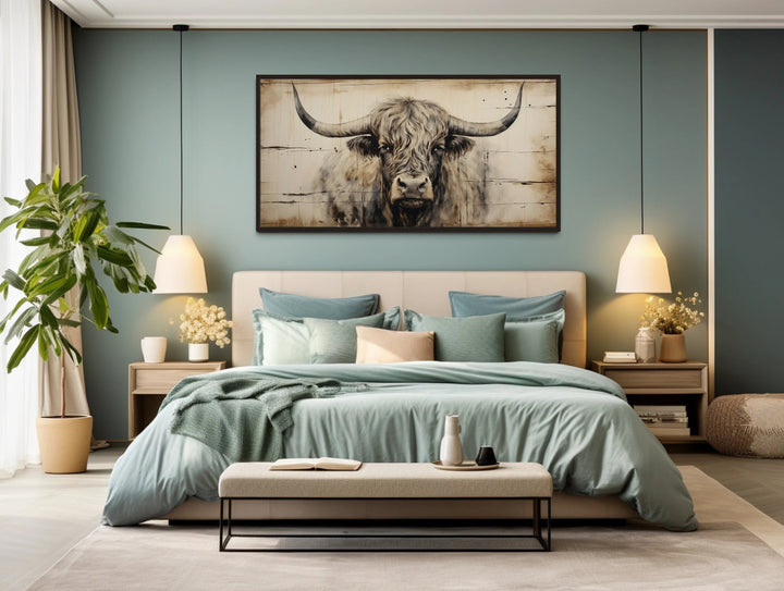 Highland Bull Painting On Wood Rustic Farmhouse Framed Canvas Wall Art