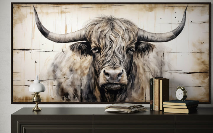 Highland Bull Painting On Wood Rustic Farmhouse Framed Canvas Wall Art