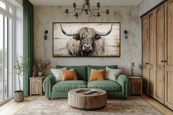Highland Bull Painting On Wood Rustic Farmhouse Framed Canvas Wall Art
