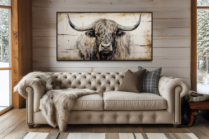Highland Bull Painting On Wood Rustic Farmhouse Framed Canvas Wall Art