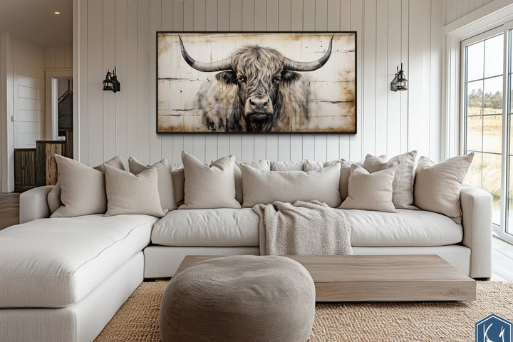 Highland Bull Painting On Wood Rustic Farmhouse Framed Canvas Wall Art