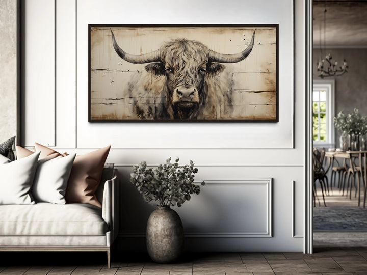 Highland Bull Painting On Wood Rustic Farmhouse Framed Canvas Wall Art