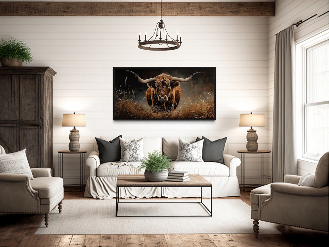 Farmhouse Wall Decor - Highland Cow In Grass Dark Brown Painting Framed Canvas Wall Art