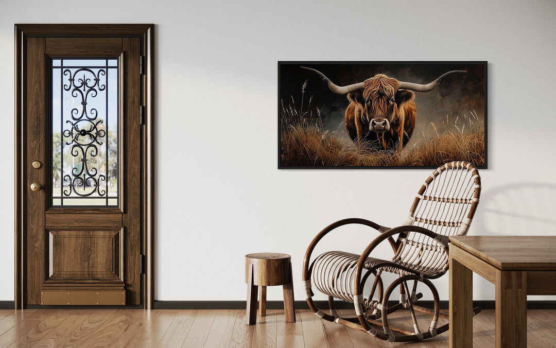 Farmhouse Wall Decor - Highland Cow In Grass Dark Brown Painting Framed Canvas Wall Art