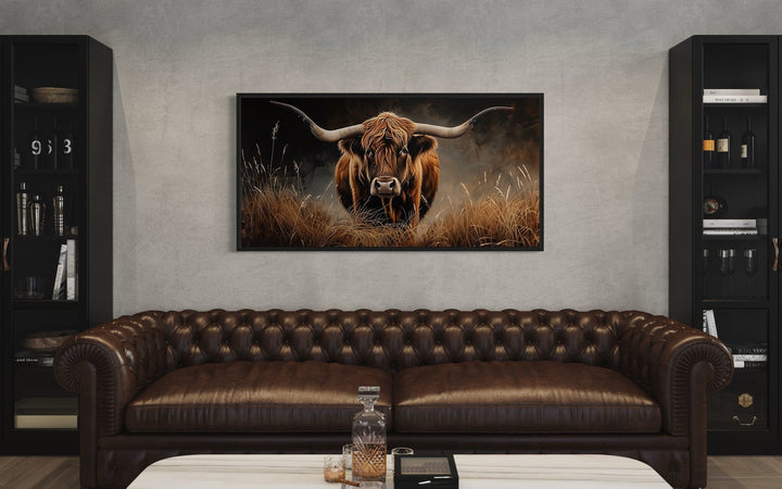 Farmhouse Wall Decor - Highland Cow In Grass Dark Brown Painting Framed Canvas Wall Art