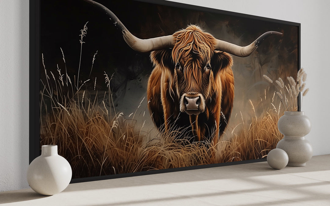 Farmhouse Wall Decor - Highland Cow In Grass Dark Brown Painting Framed Canvas Wall Art