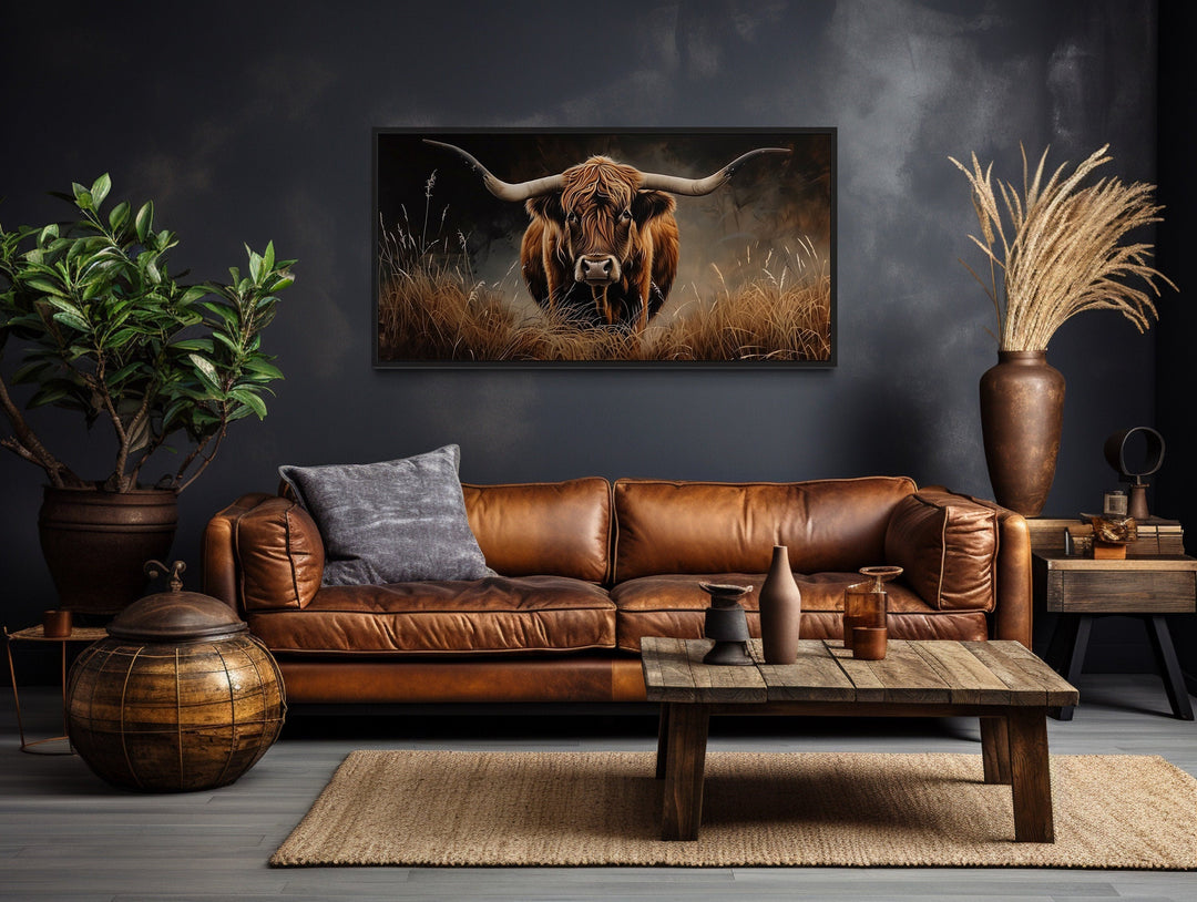 Highland Cow In Grass Dark Brown Painting Canvas