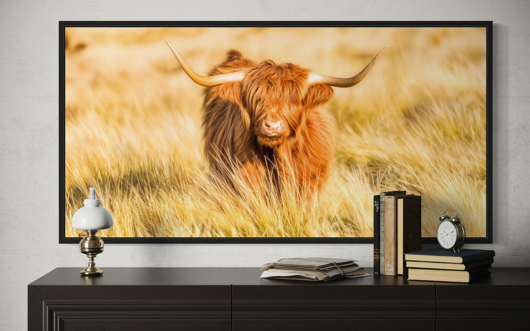 Highland Cow In Grass Field Photography Framed Canvas Wall Art