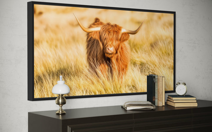 Highland Cow In Grass Field Photography Framed Canvas Wall Art