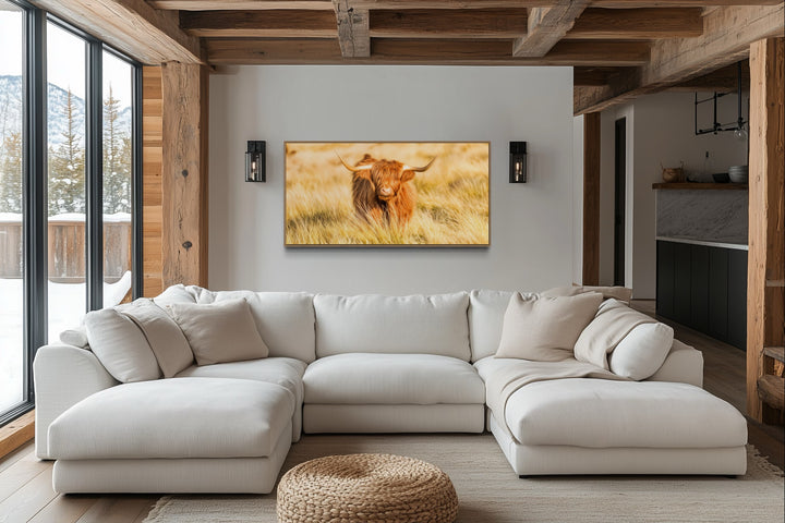 Highland Cow In Grass Field Photography Framed Canvas Wall Art