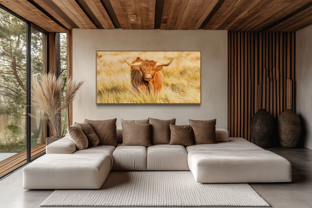 Highland Cow In Grass Field Photography Framed Canvas Wall Art