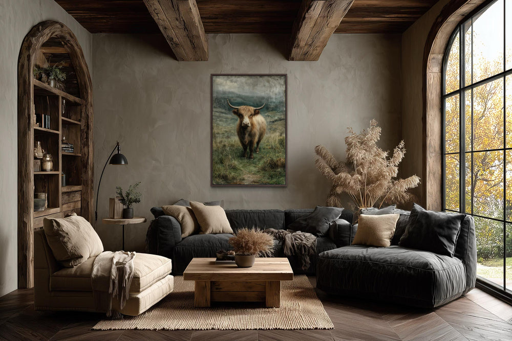 Vertical canvas wall art featuring a Highland cow in a green pasture within a rustic living room.