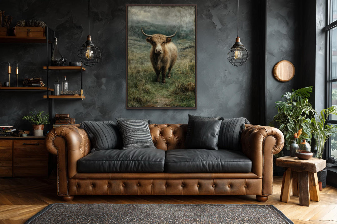 Vertical canvas wall art of a Highland cow in a green pasture hanging in a rustic living room.