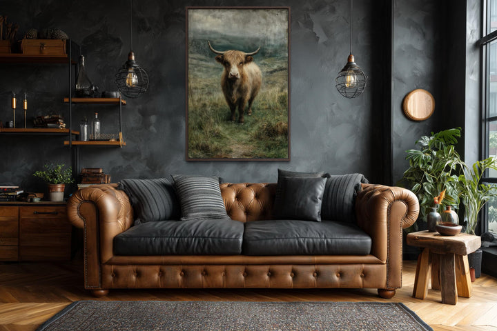 Vertical canvas wall art of a Highland cow in a green pasture hanging in a rustic living room.