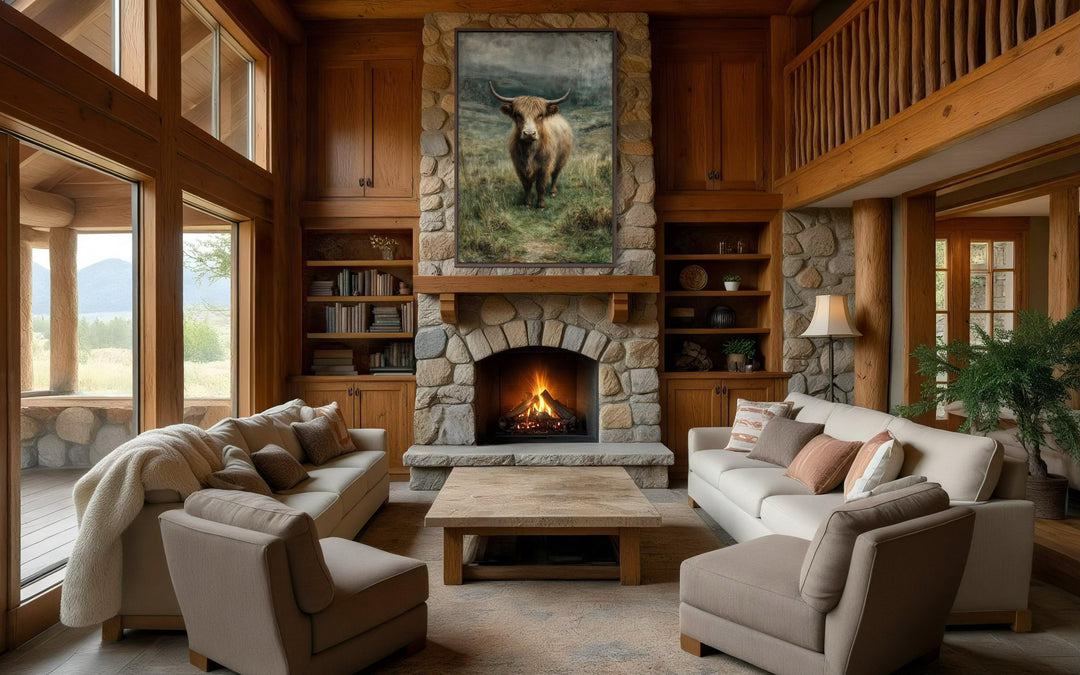 Vertical canvas wall art featuring a Highland cow in a green pasture above a stone fireplace.