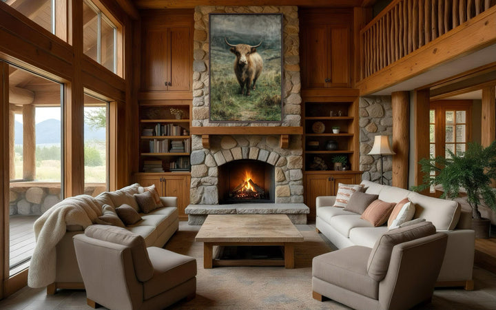 Vertical canvas wall art featuring a Highland cow in a green pasture above a stone fireplace.