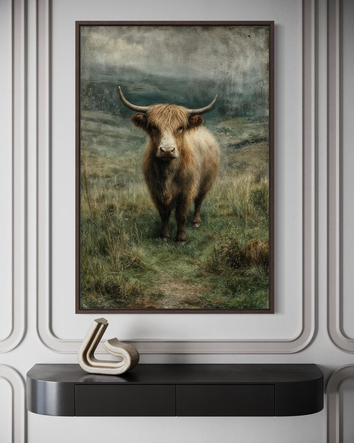 Vertical canvas wall art of a Highland cow in a green pasture hanging above a black console table.