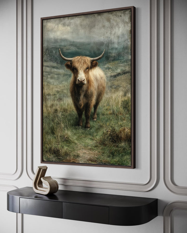 Vertical canvas wall art of a Highland cow in a green pasture above a black console table.