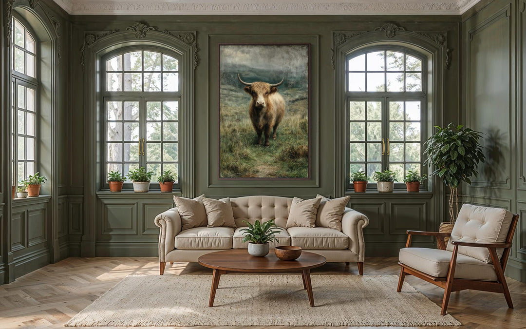 Vertical canvas wall art of a Highland cow in a green pasture centered in a rustic living room.