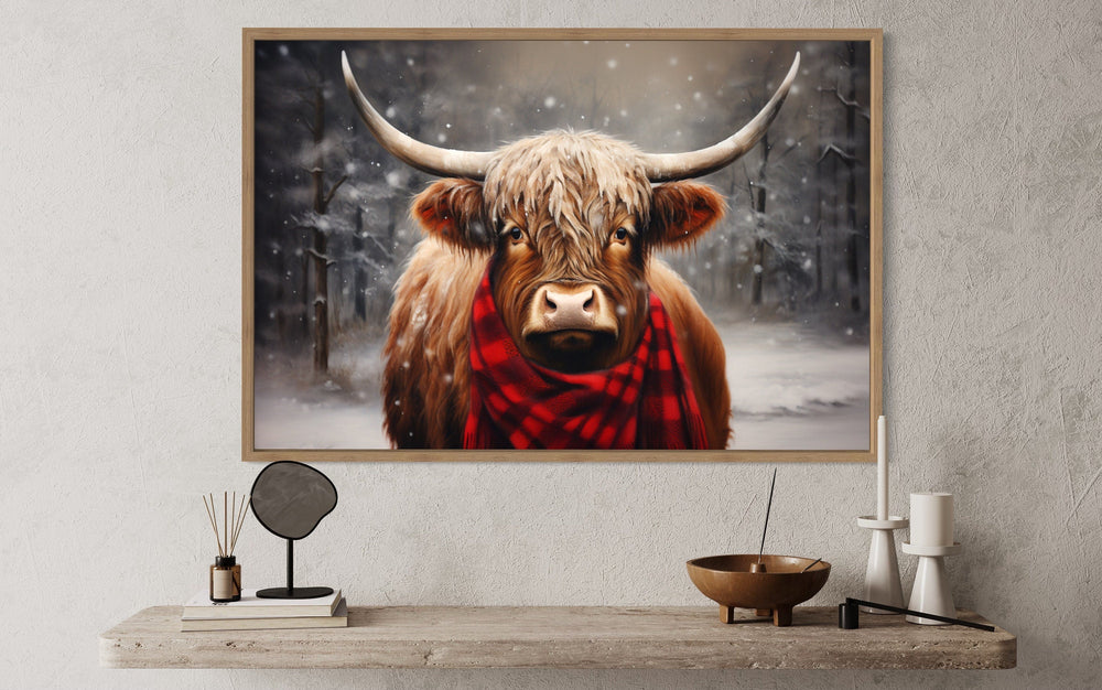 Highland Cow In Snow Winter Framed Canvas Wall Art close up