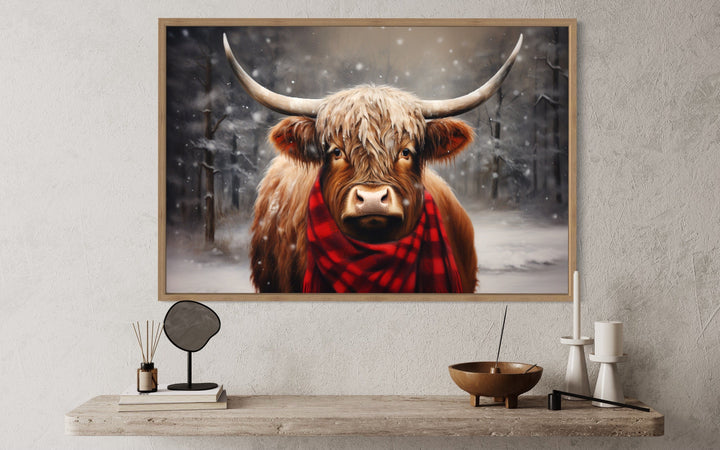 Highland Cow In Snow Winter Framed Canvas Wall Art