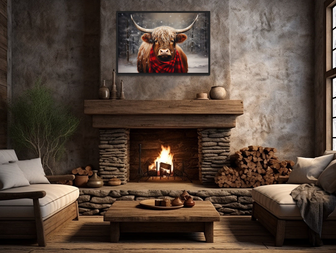 Highland Cow In Snow Winter Framed Canvas Wall Art