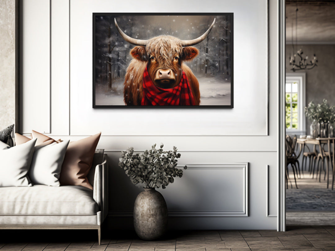 Highland Cow In Snow Winter Framed Canvas Wall Art