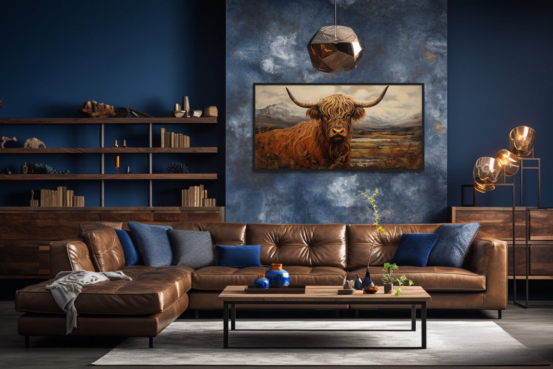 Highland Cow In The Field Framed Canvas Wall Art