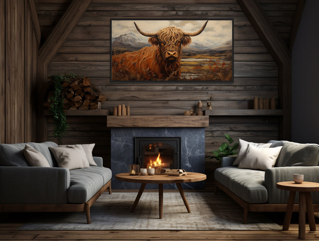 Highland Cow In The Field Framed Canvas Wall Art