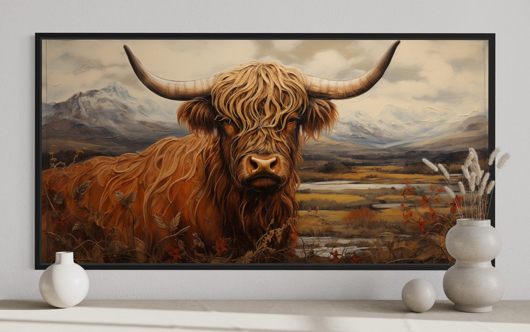 Highland Cow In The Field Framed Canvas Wall Art