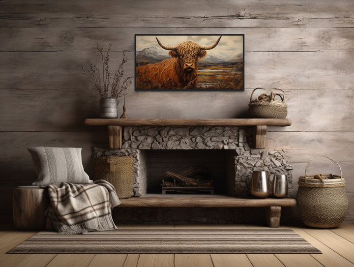 Highland Cow In The Field Framed Canvas Wall Art