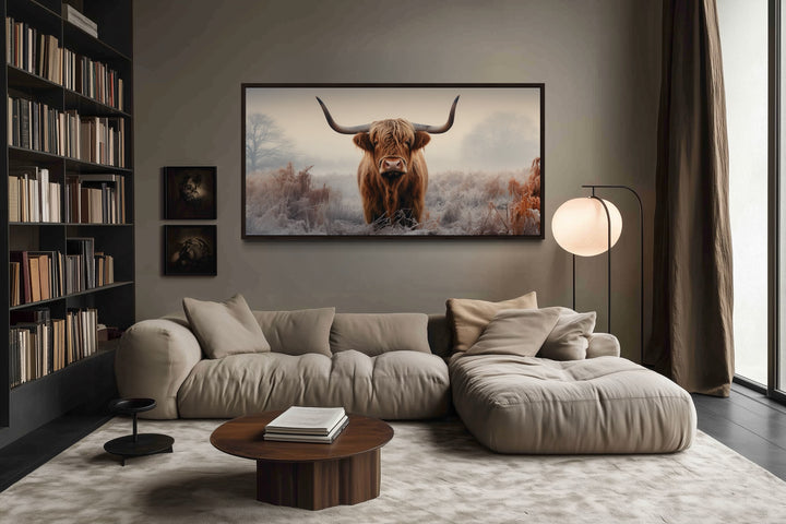 Highland Cow In The Field Sepia Photograph Style Framed Canvas Wall Art
