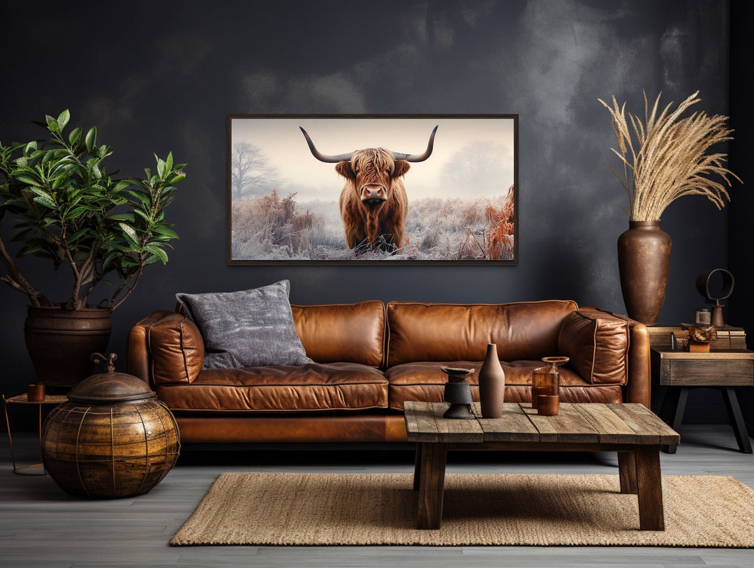 Highland Cow In The Field Sepia Photograph Style Framed Canvas Wall Art