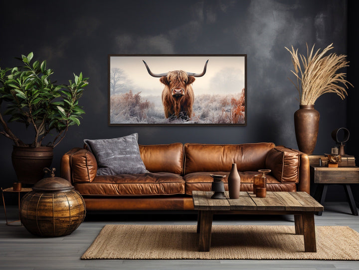 Highland Cow In The Field Sepia Photograph Style Framed Canvas Wall Art