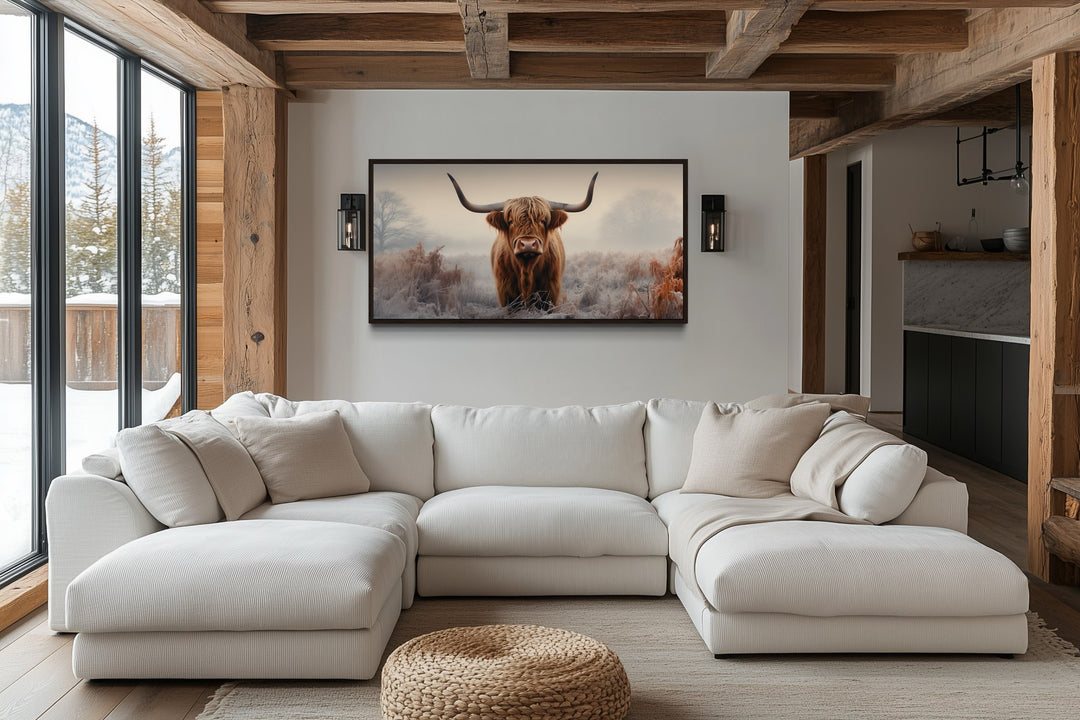 Highland Cow In The Field Sepia Photograph Style Framed Canvas Wall Art