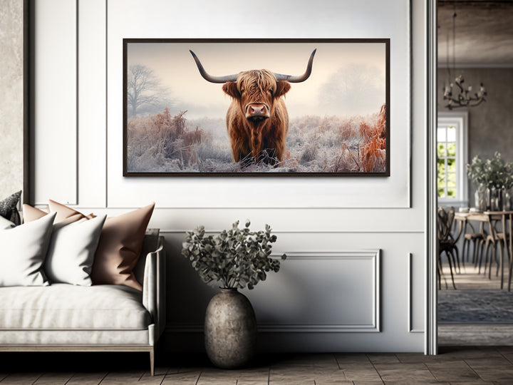 Highland Cow In The Field Sepia Photograph Style Framed Canvas Wall Art