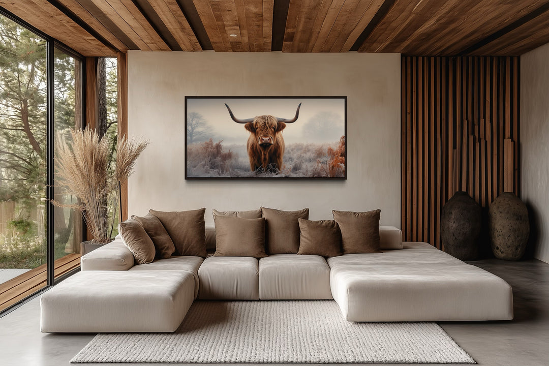 Highland Cow In The Field Sepia Photograph Style Framed Canvas Wall Art