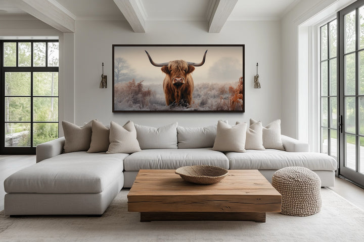Highland Cow In The Field Sepia Photograph Style Framed Canvas Wall Art